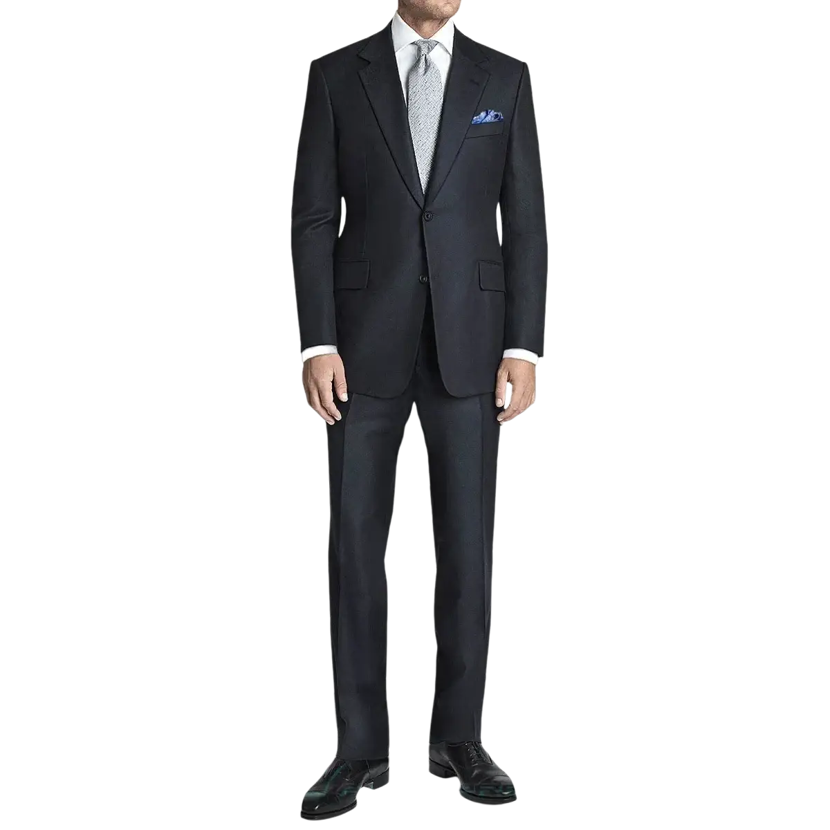 Black wool business suit formal wear featuring subtle texture classic tailoring and matching trousers for men