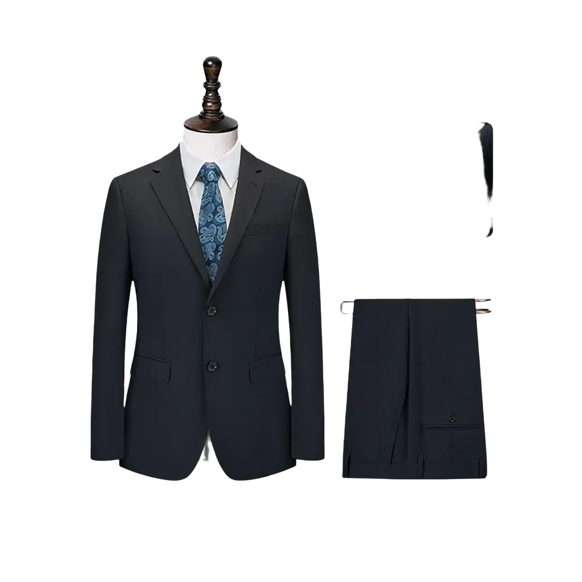 Black wool business suit with subtle texture, classic two-button design and matching trousers for formal wear