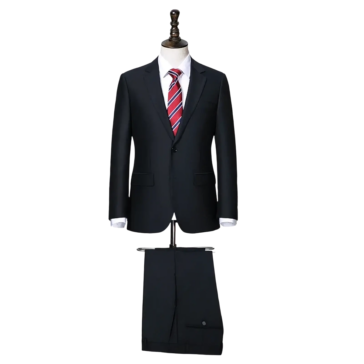 Black wool-blend men business suit with center vent and matching trousers displayed on a mannequin