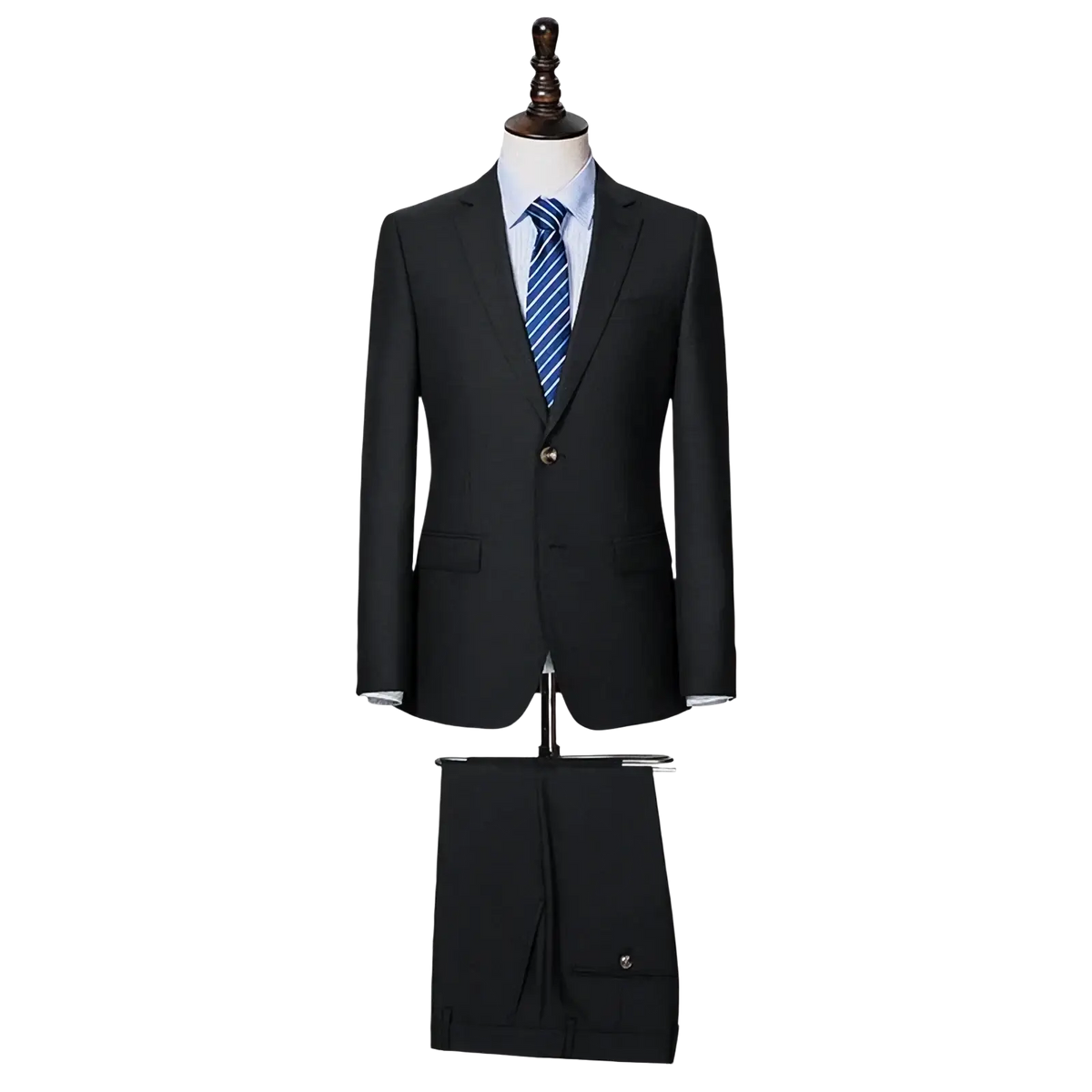Black wool-blend men business suit formal wear with center vent and matching trousers shown from the back side