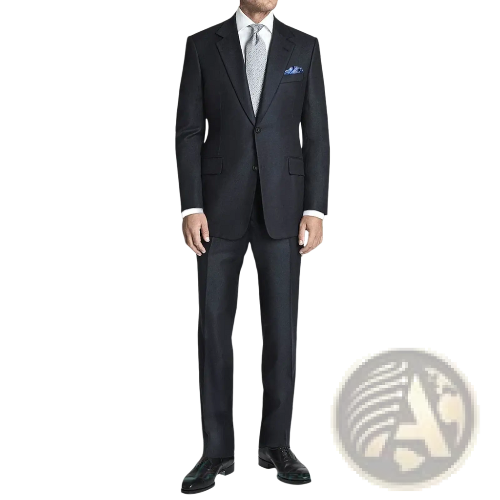 Black wool business suit formal wear featuring subtle texture classic tailoring and matching trousers for men