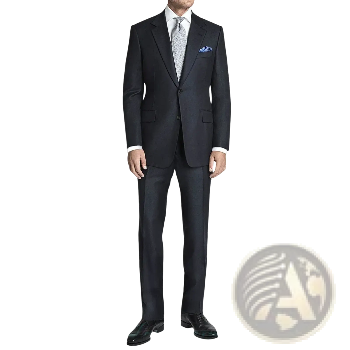 Black wool business suit formal wear featuring subtle texture classic tailoring and matching trousers for men