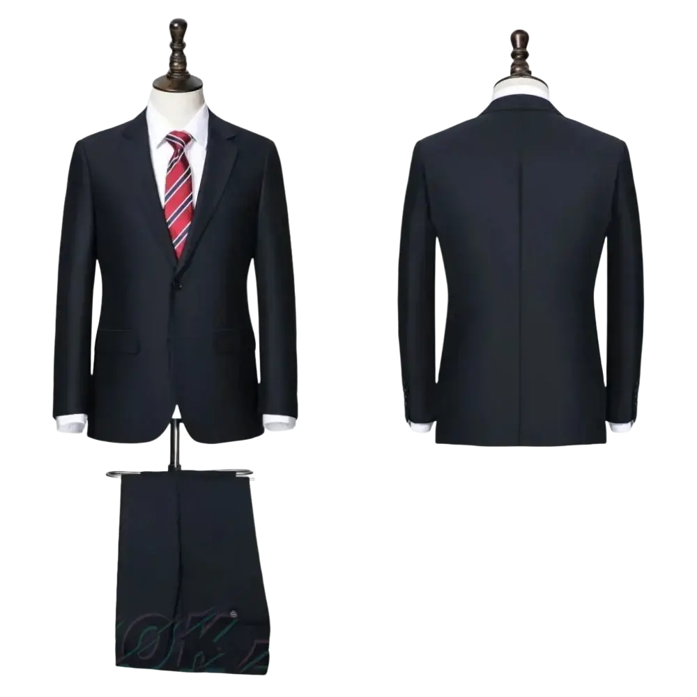 Black wool men business suit with notched lapels and single-breasted design for formal wear