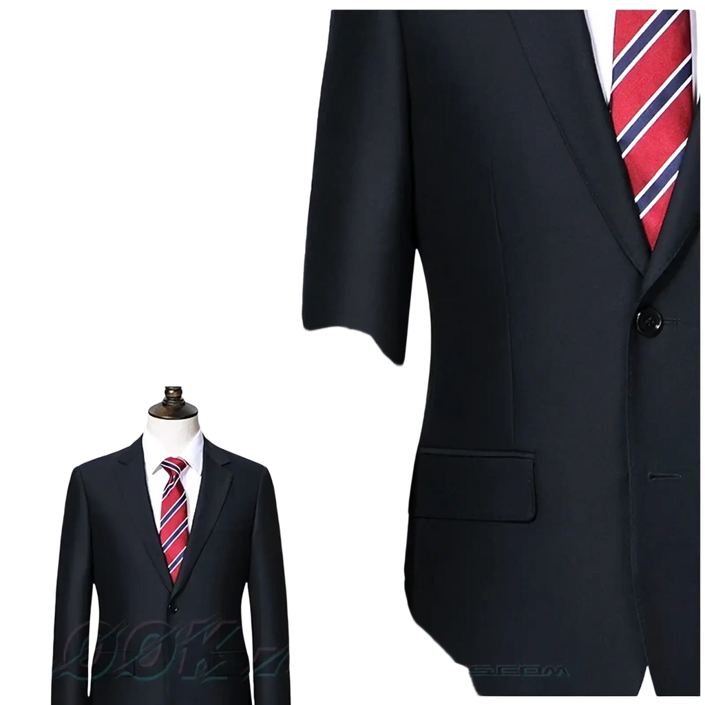 Black woolen men business suit jacket with single button closure and matching pocket flap paired with red navy tie