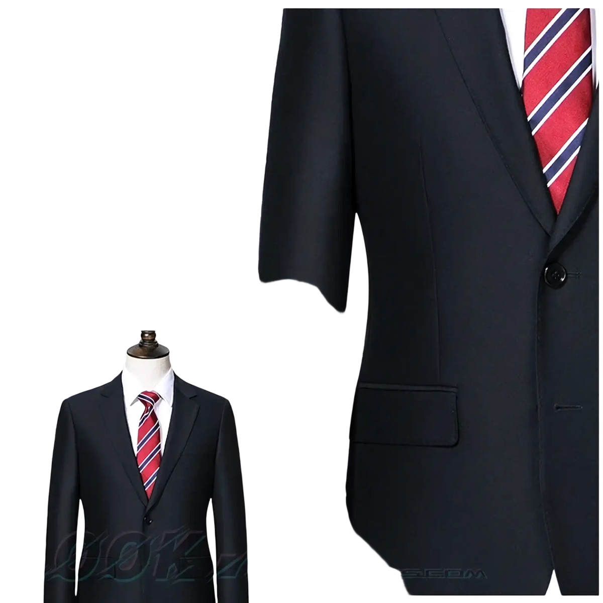 Black woolen men business suit jacket with single button closure and matching pocket flap paired with red navy tie