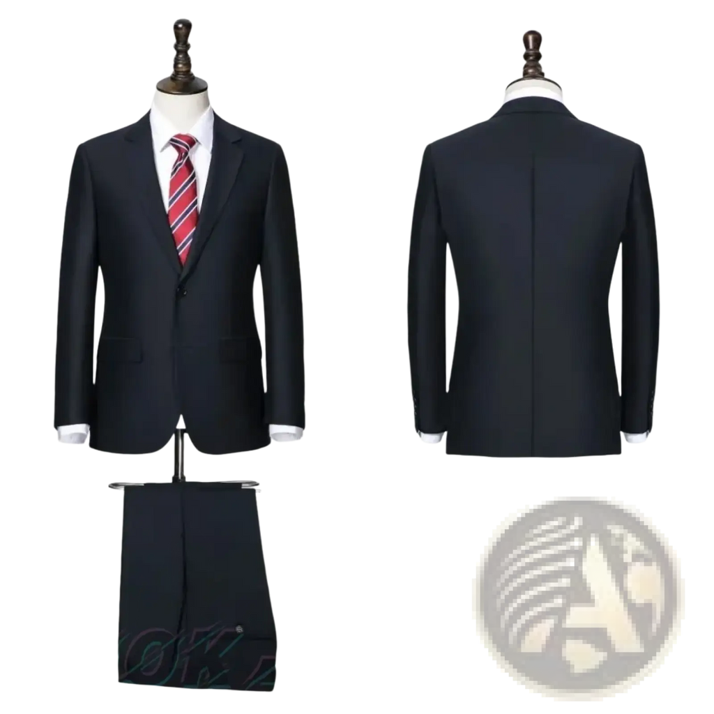 Black wool men business suit with notched lapels and single-breasted design for formal wear