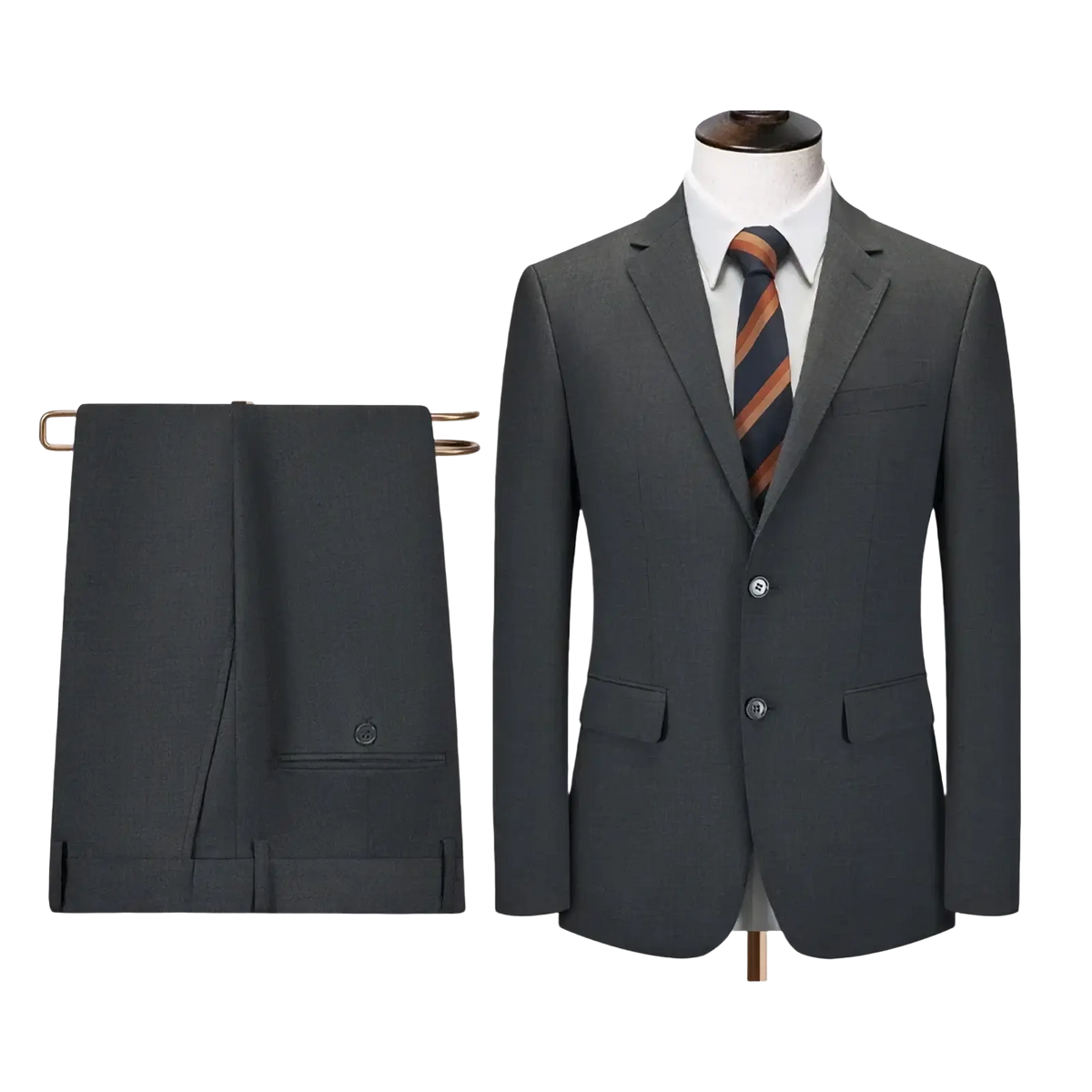 Dark gray wool men business suit formal wear with center vent and two-button closure viewed from the back