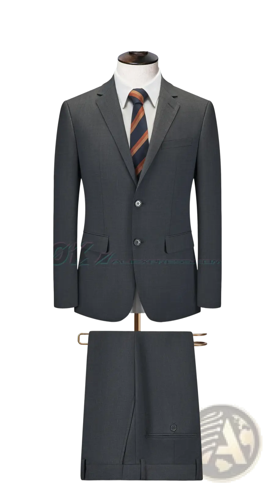 Dark gray men wool business suit with matching striped tie formal wear for professional occasions