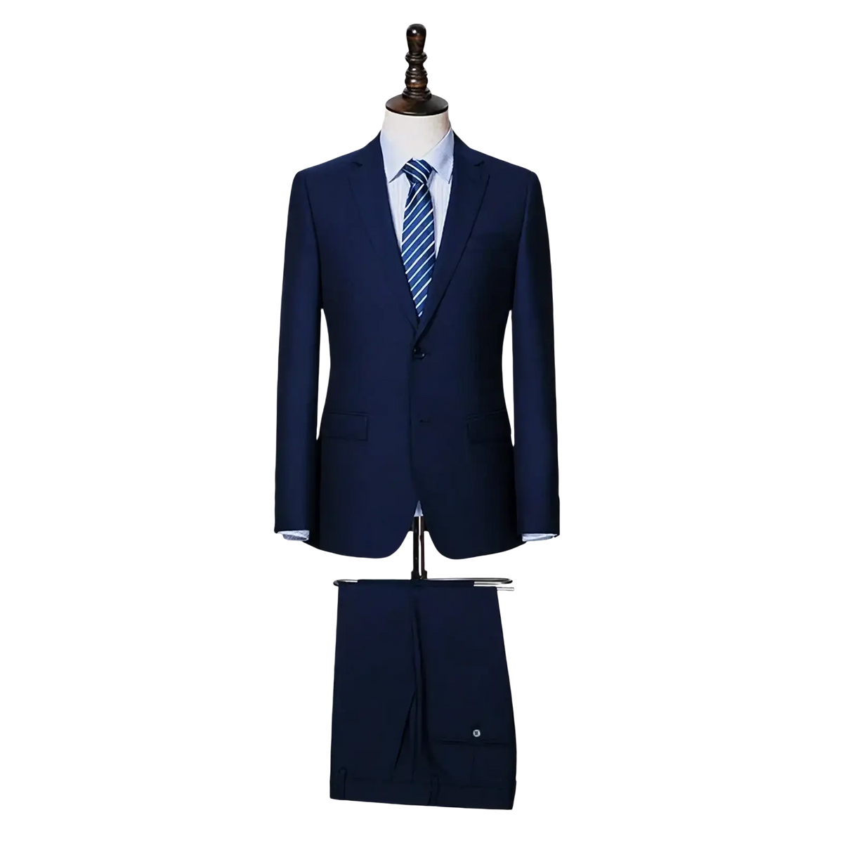 Navy blue wool men business suit with formal wear design featuring a center vent at the back side
