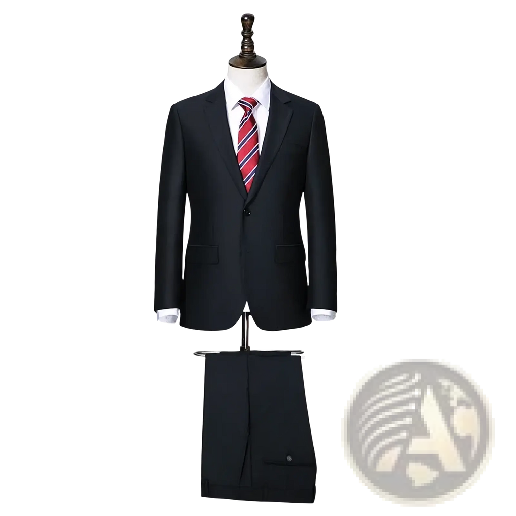 Black wool-blend men business suit with center vent and matching trousers displayed on a mannequin