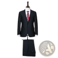 Black wool-blend men business suit with center vent and matching trousers displayed on a mannequin
