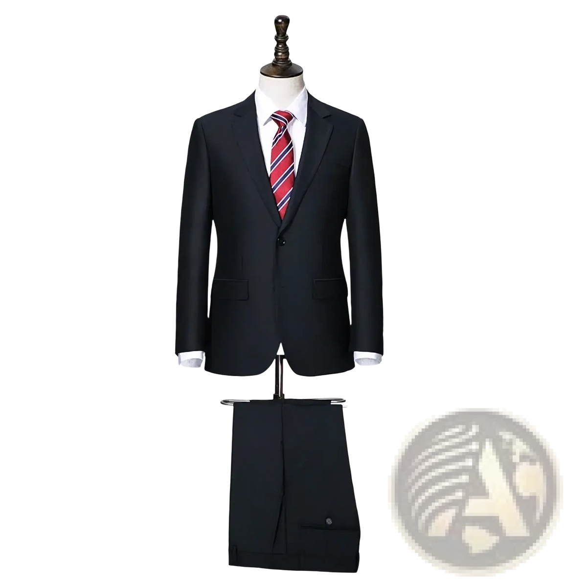 Black wool-blend men business suit with center vent and matching trousers displayed on a mannequin