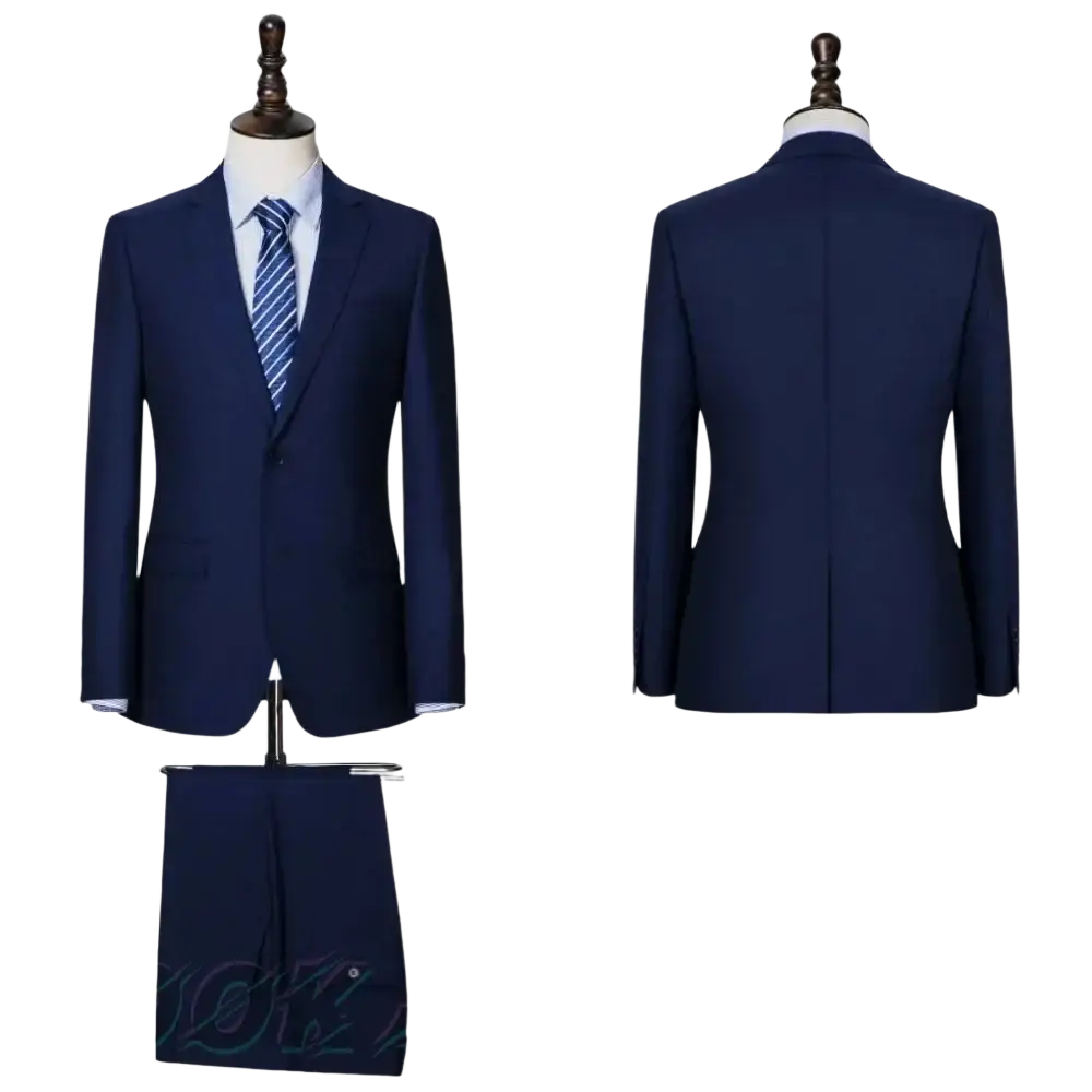 Navy blue men wool business suit with tailored trousers and a striped tie for formal wear