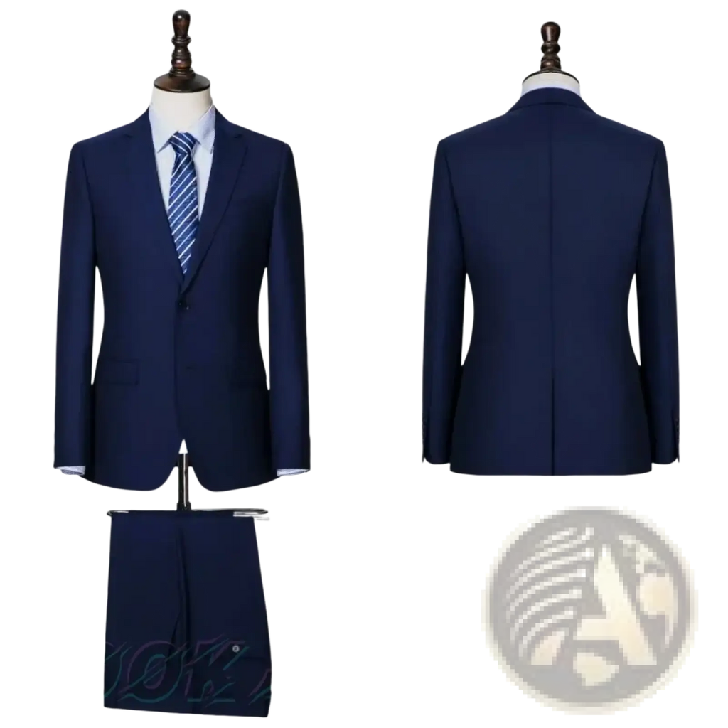 Navy blue men wool business suit with tailored trousers and a striped tie for formal wear