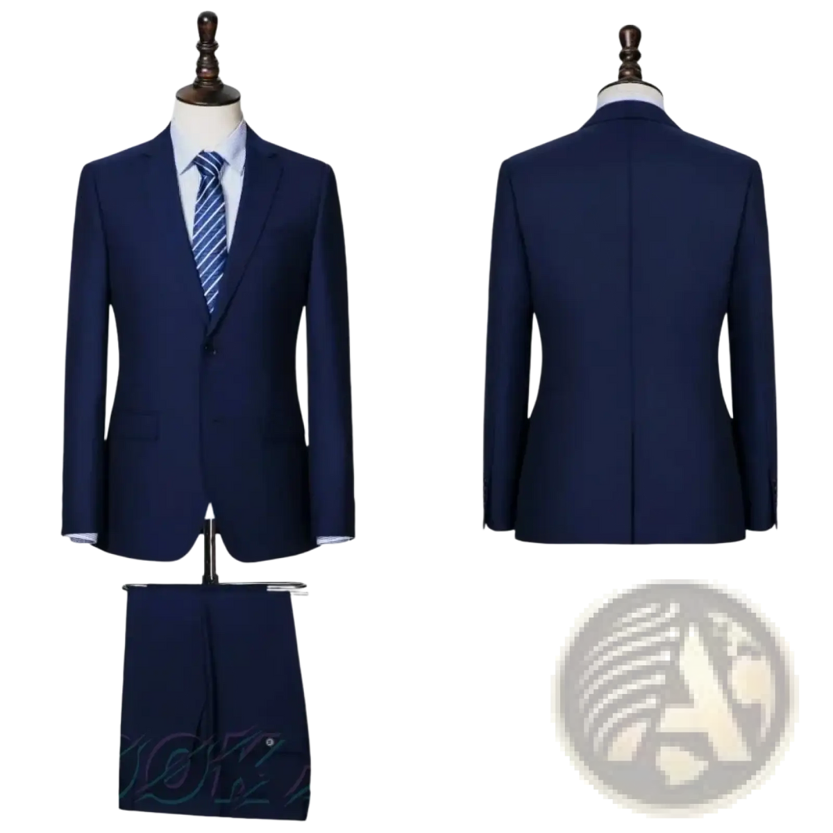 Navy blue men wool business suit with tailored trousers and a striped tie for formal wear