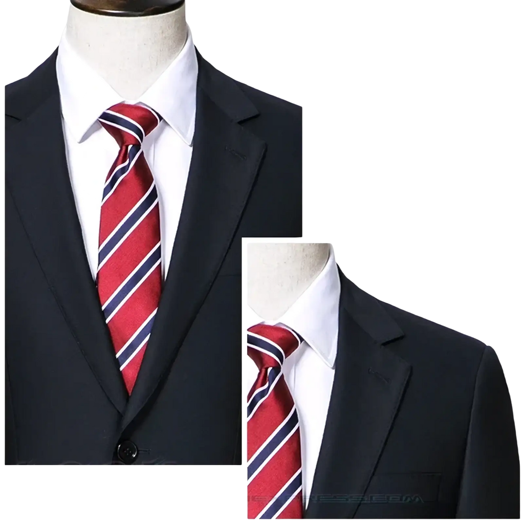 Men wool business suit formal wear featuring a red tie with diagonal navy blue and white stripes