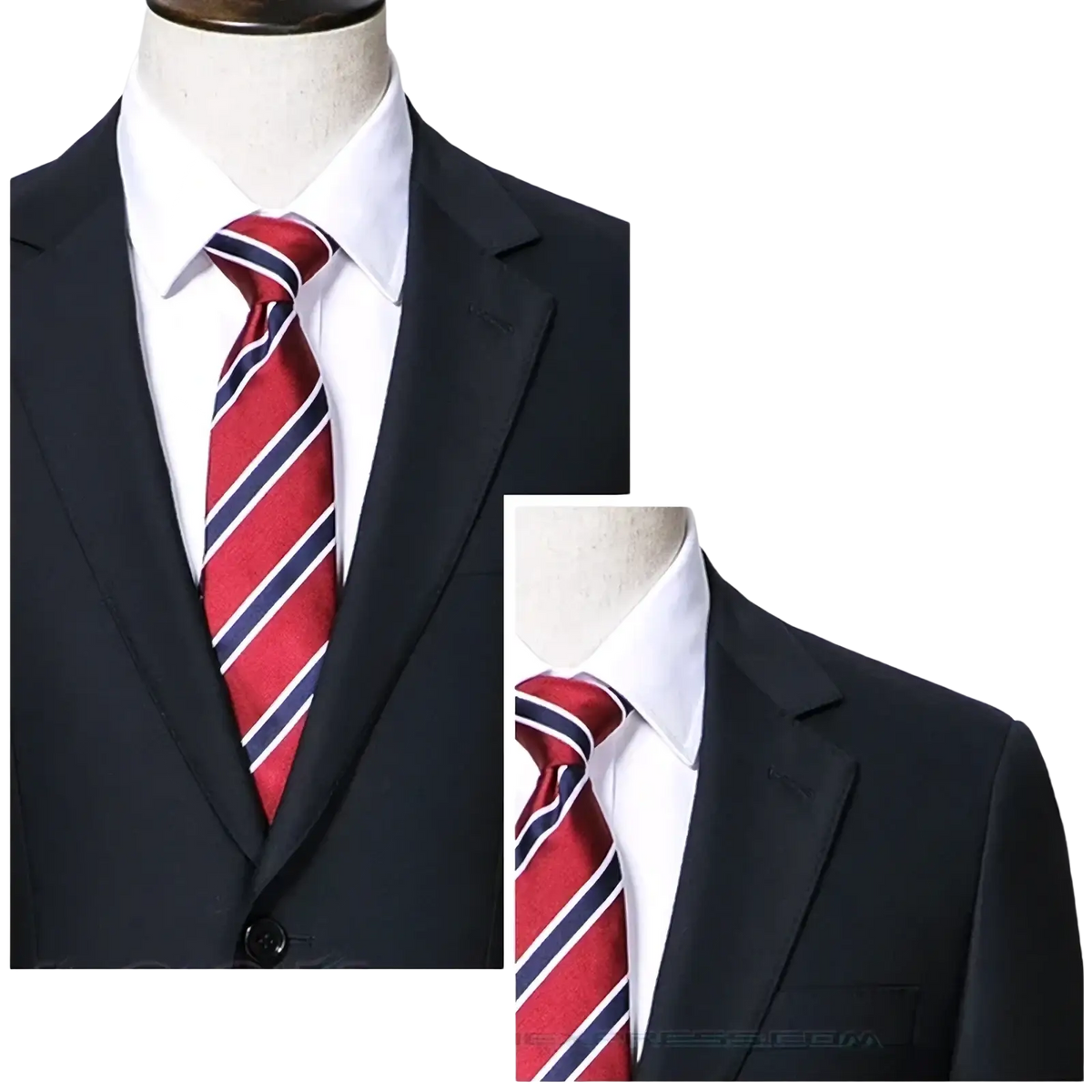 Men wool business suit formal wear featuring a red tie with diagonal navy blue and white stripes