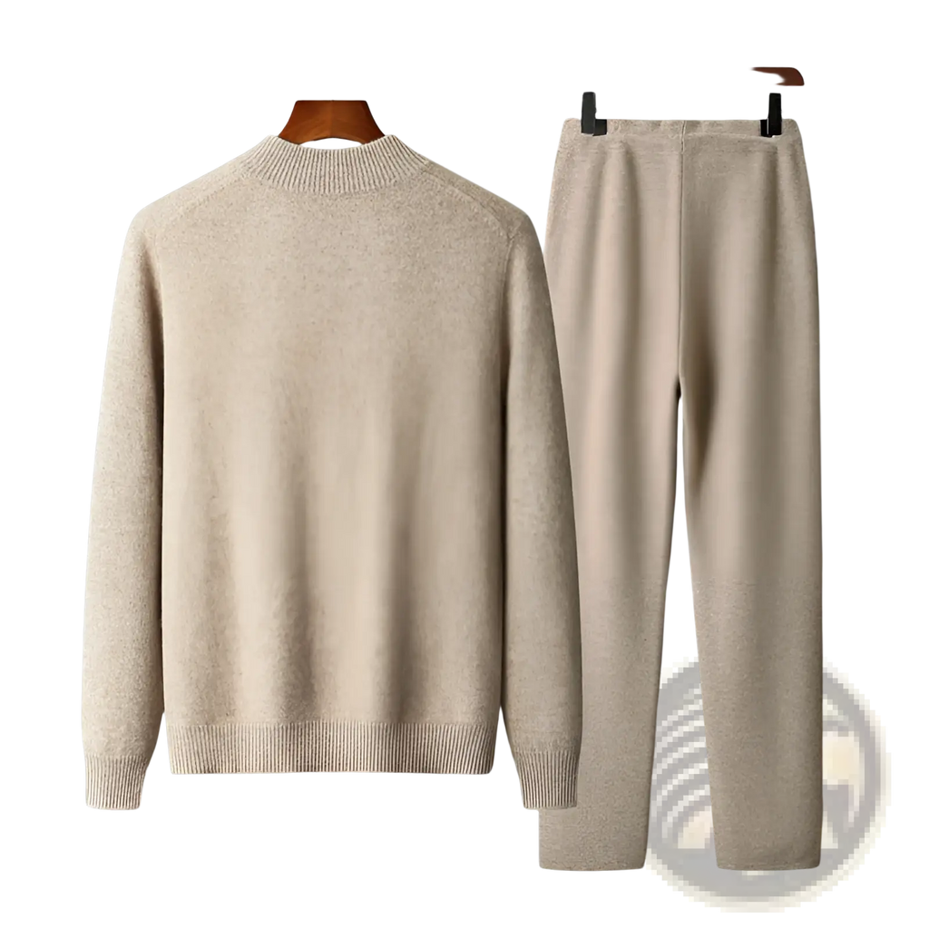 Beige men wool cardigan sweatsuit set made of soft wool blend with ribbed cuffs and hem for comfortable wear