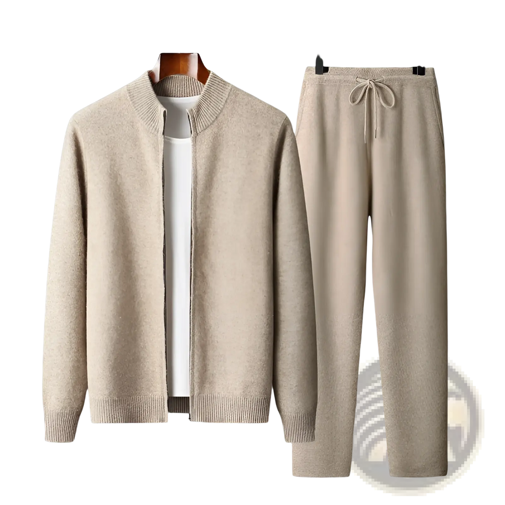 Beige wool knit men cardigan sweatsuit with zip-front bomber jacket and drawstring pants for casual wear