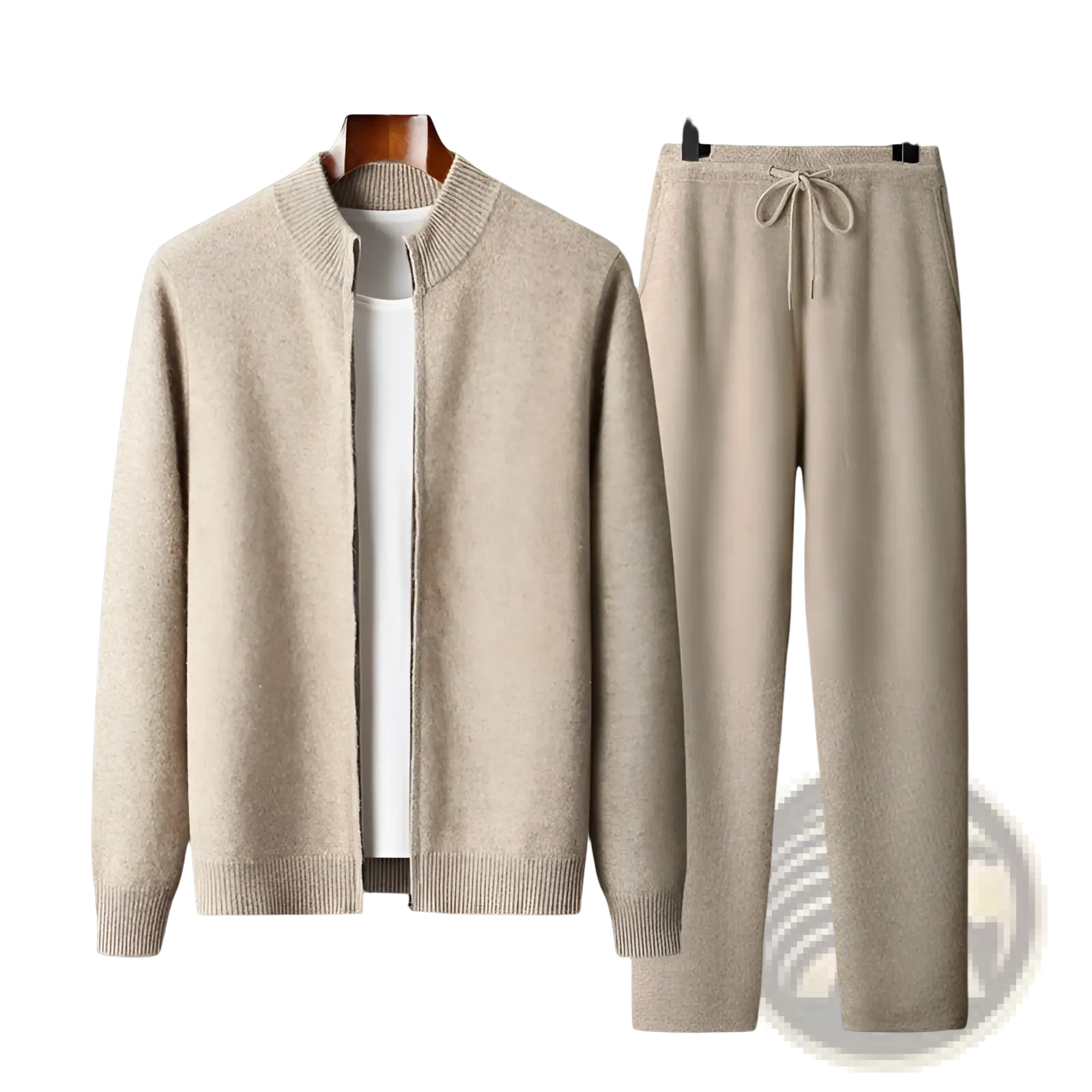 Beige wool knit men cardigan sweatsuit with zip-front bomber jacket and drawstring pants for casual wear