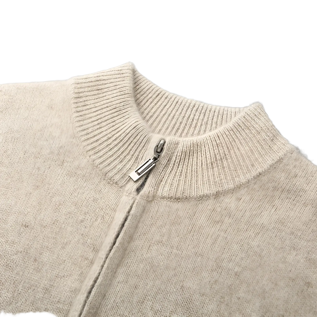 Beige knit men wool cardigan sweater with ribbed collar and silver-toned zipper pull for casual wear