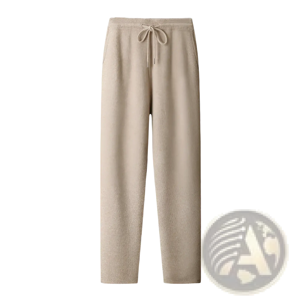 Beige textured knit wool pants with drawstring waistband from men wool cardigan sweatsuit set