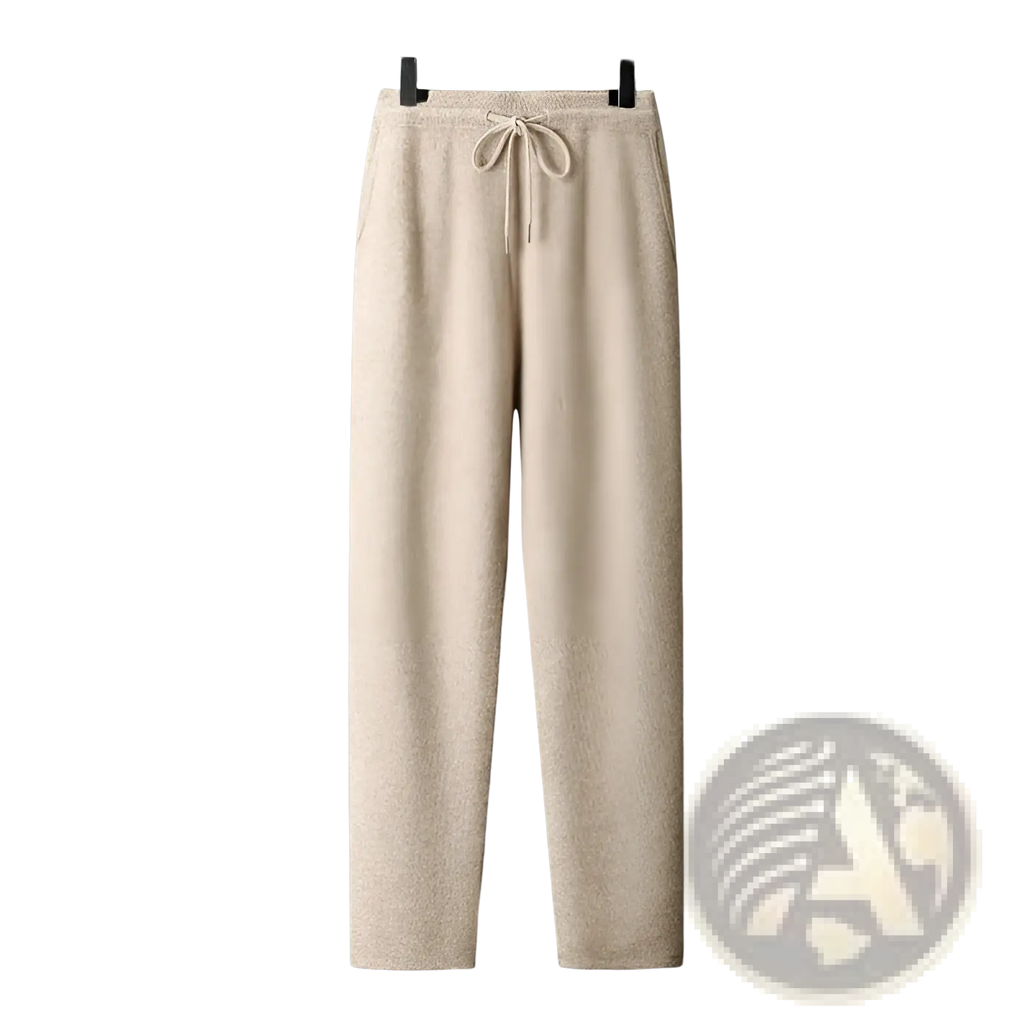 Beige textured knit wool pants with drawstring waistband from men wool cardigan sweatsuit collection