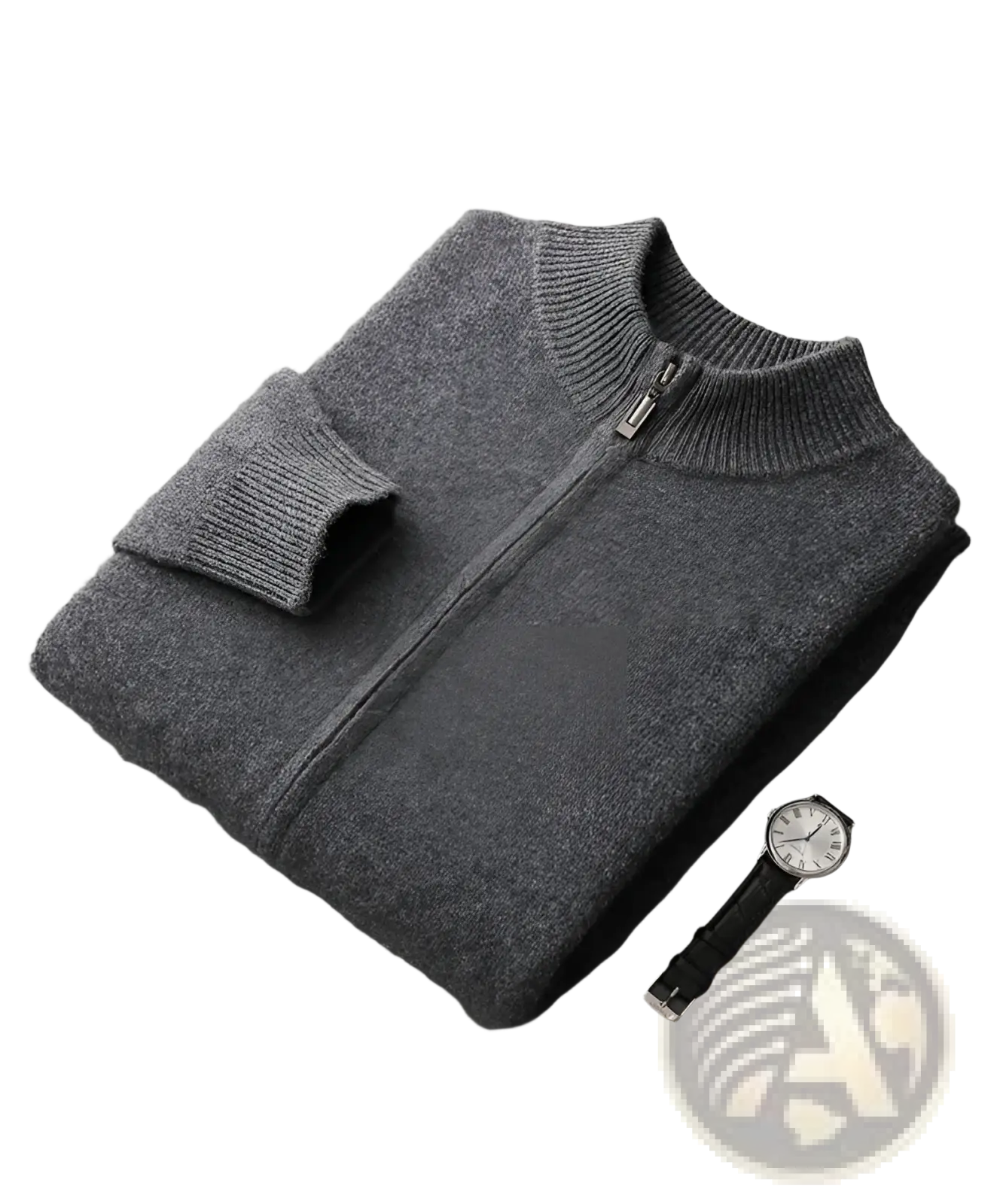 Dark gray woolen zip-up sweater with ribbed collar and cuffs in men wool cardigan sweatsuit collection