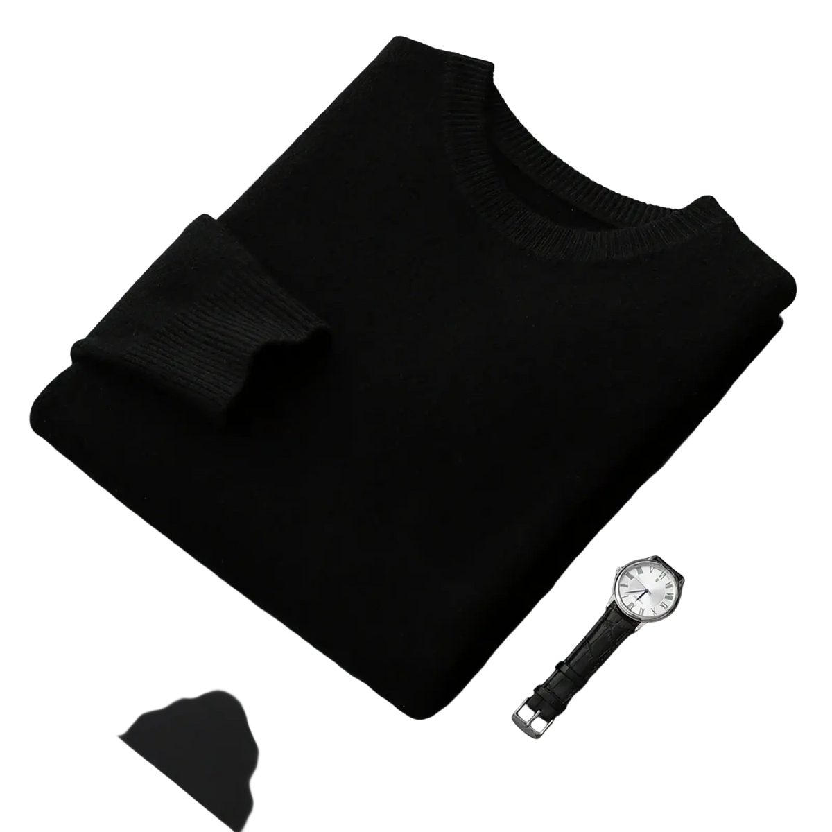 Men wool crewneck sweater solid thick winter pullover in black ribbed-knit with smooth soft texture and folded sleeves