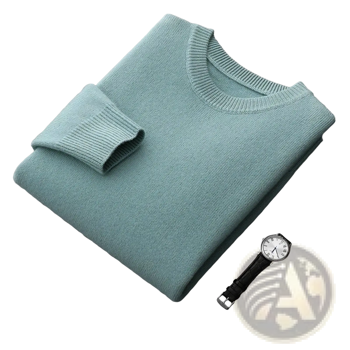 Men wool crewneck sweater solid thick winter pullover soft mint green ribbed knit with smooth texture and folded sleeves