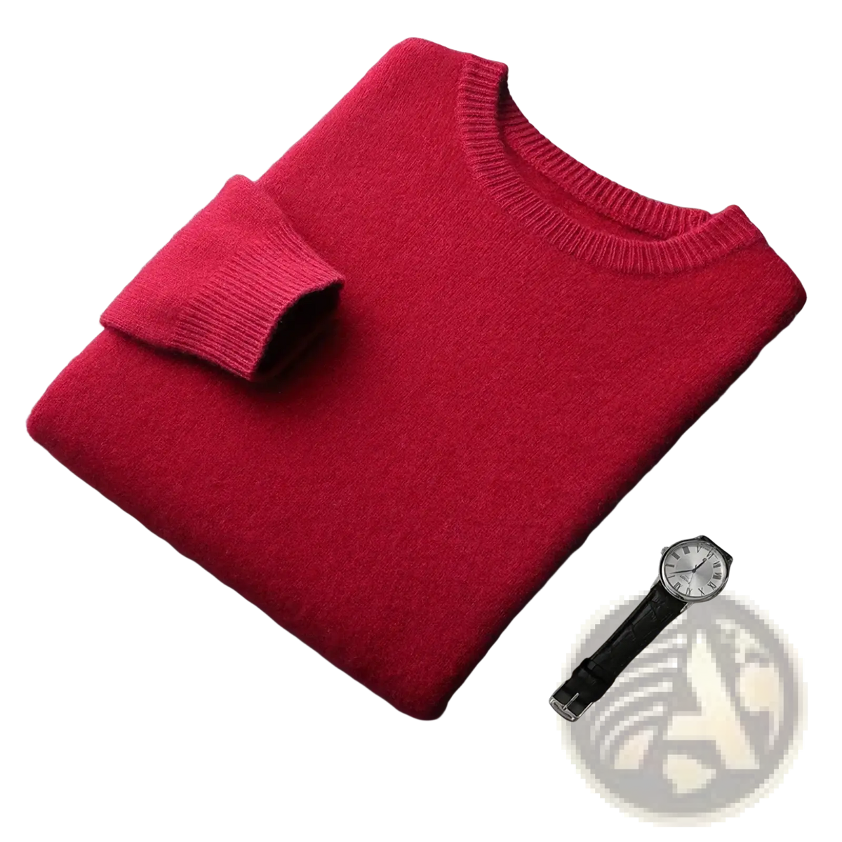 A rich crimson men wool crewneck sweater solid thick winter pullover with ribbed crew neck and cuffs folded neatly