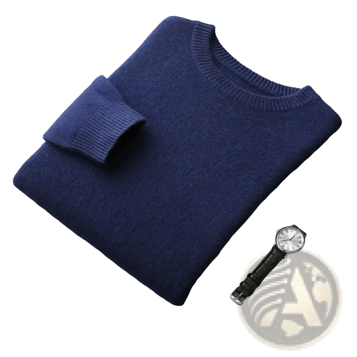 A rich navy blue finely knitted cashmere men wool crewneck sweater with ribbed cuffs for thick winter wear