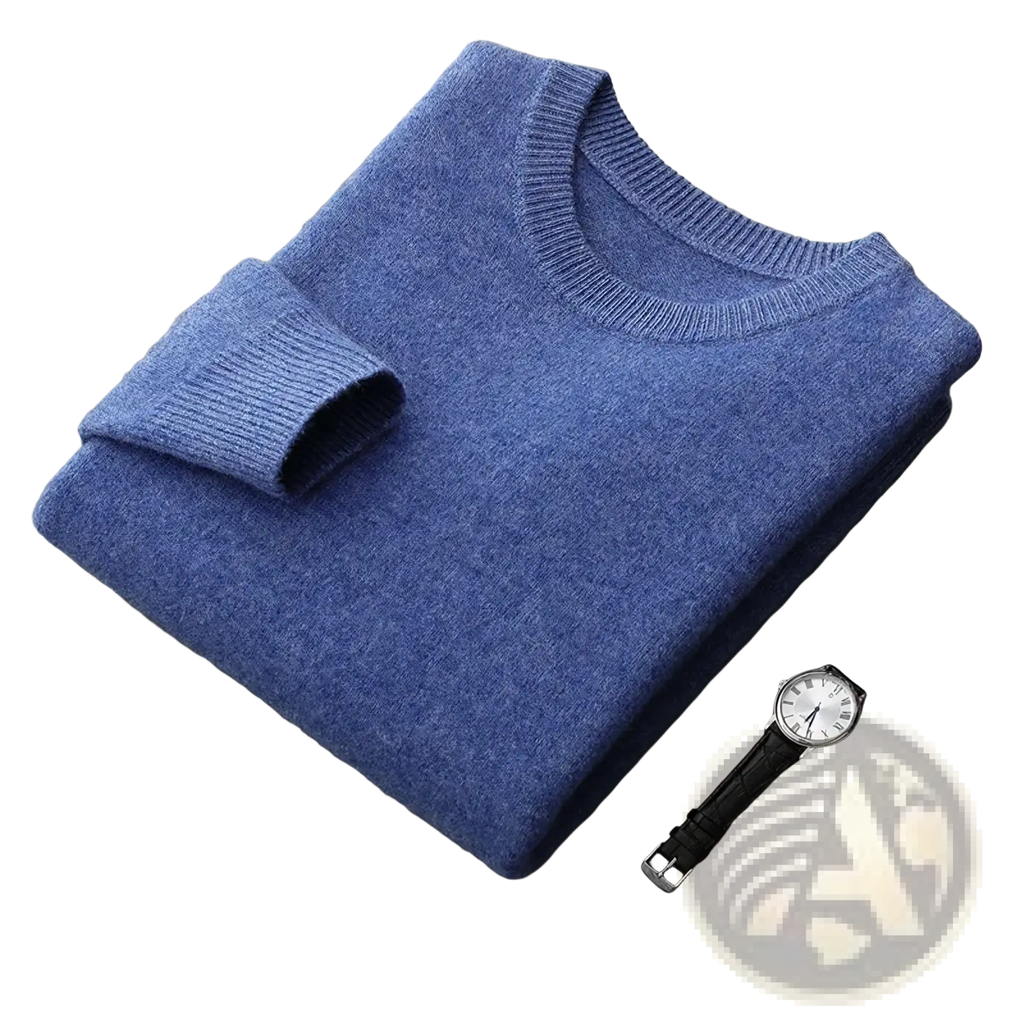 Men wool crewneck sweater in soft heathered blue knit with ribbed collar and cuffs for thick winter warmth
