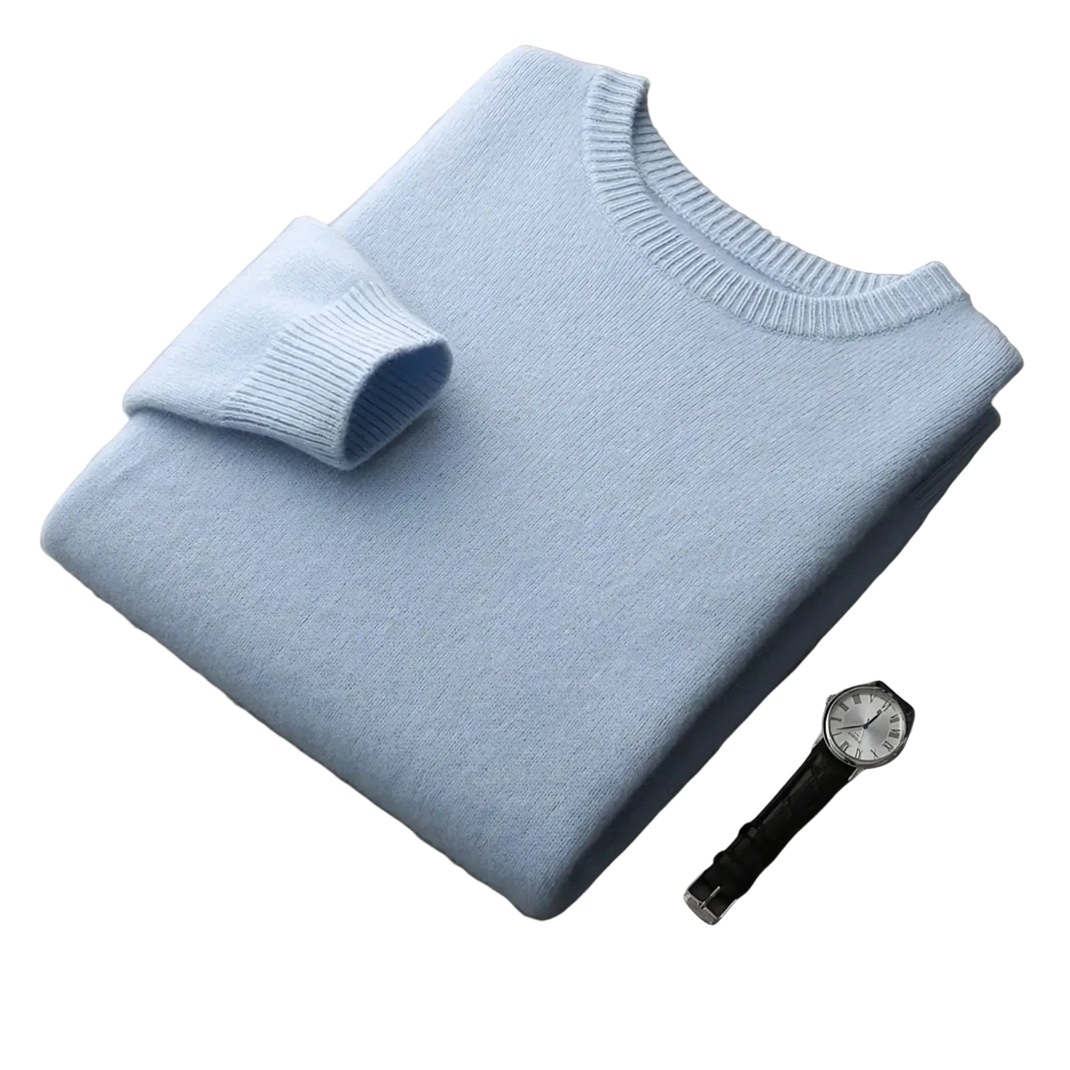 A soft light blue cashmere men wool crewneck sweater with ribbed neck and cuffs for thick winter wear
