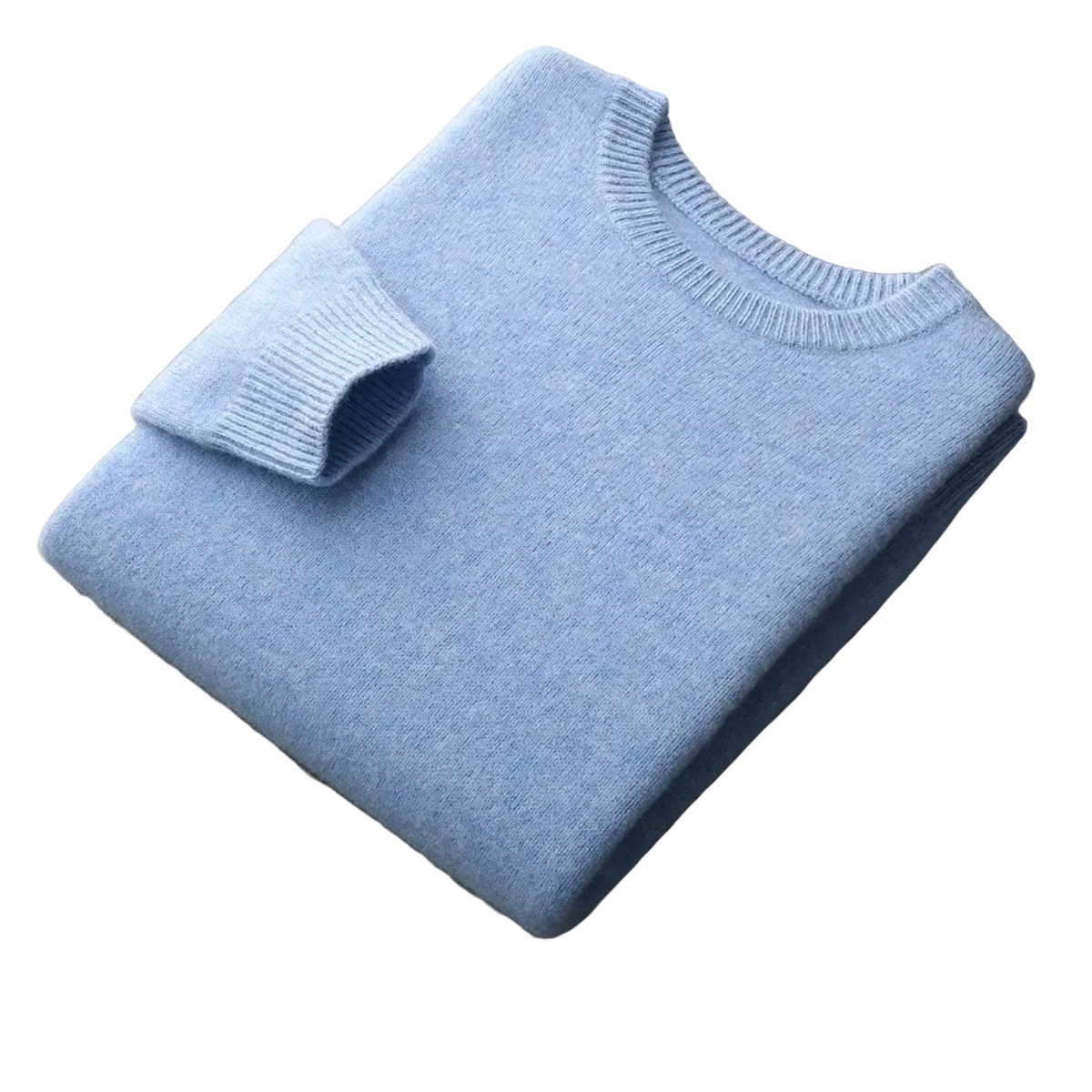 Men wool crewneck sweater solid thick light blue cashmere pullover with ribbed crew neck and cuffs for winter