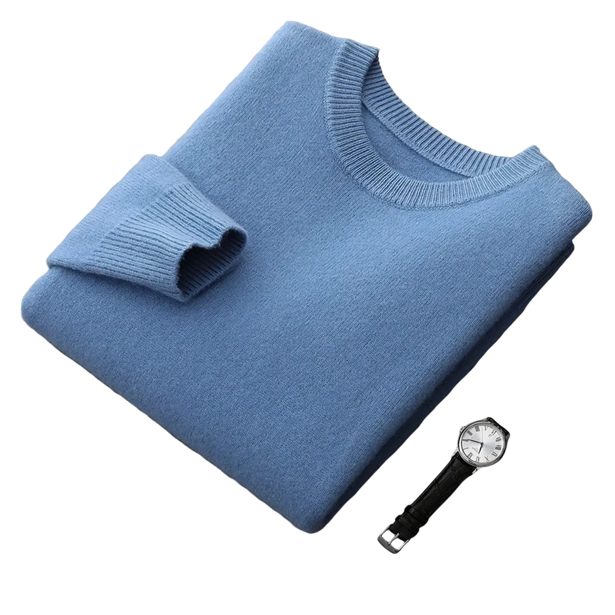 A soft light blue men wool crewneck sweater with ribbed neck and cuffs thick solid winter pullover