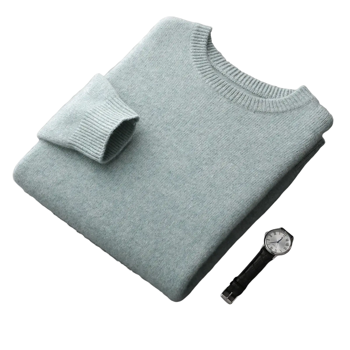 Men wool crewneck sweater solid thick winter pullover in soft light green cashmere with ribbed crew neck and cuffs