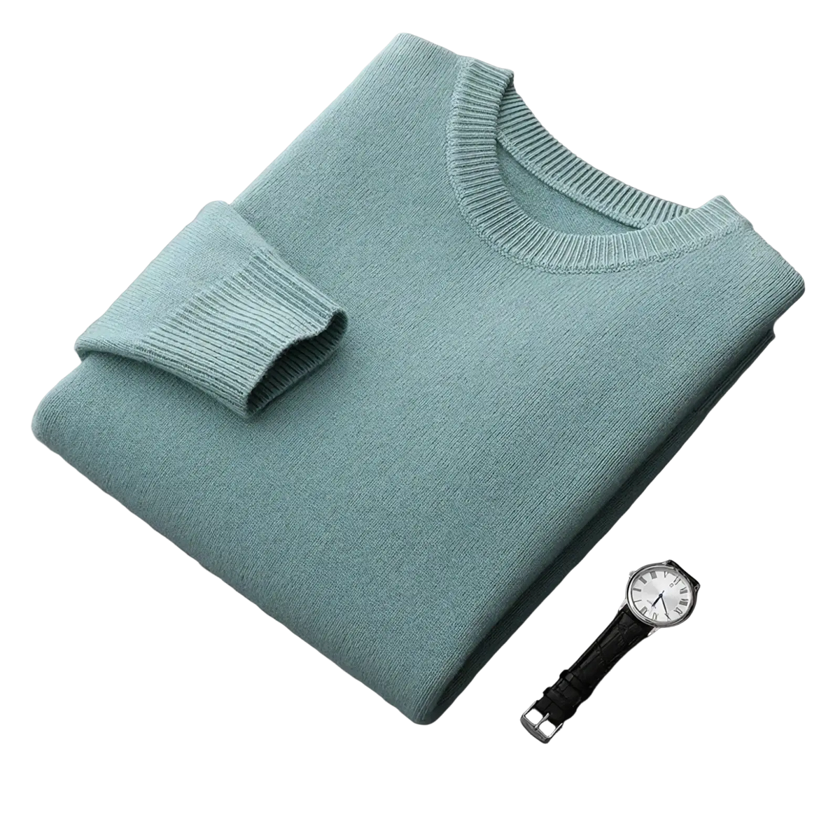 Men wool crewneck sweater solid thick winter pullover soft mint green ribbed knit with smooth texture and folded sleeves