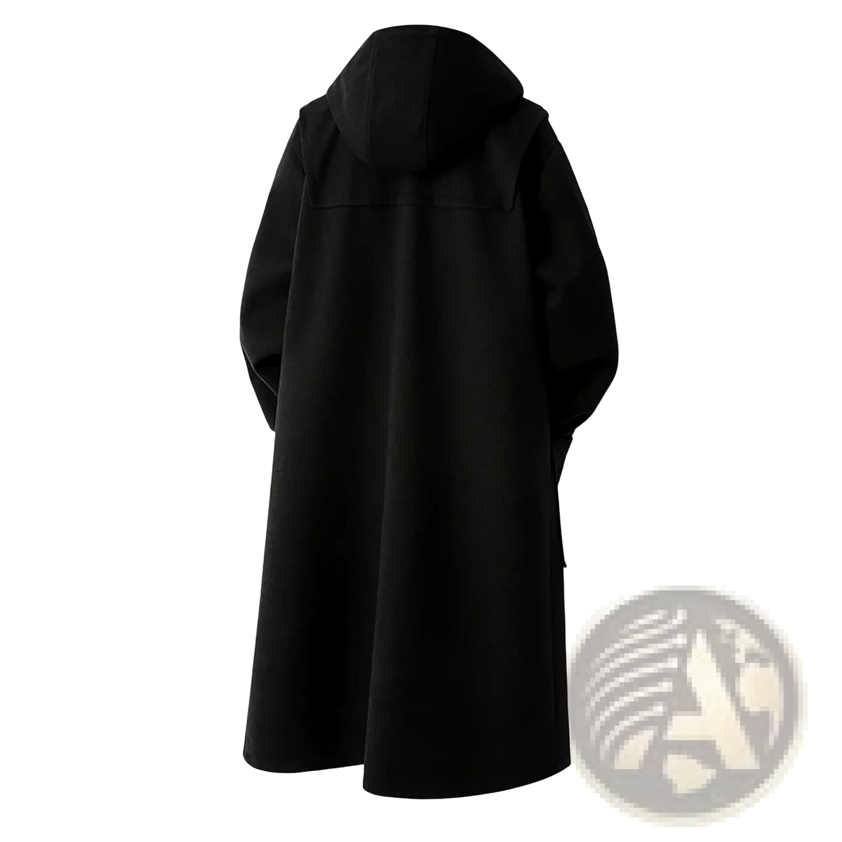 Black wool duffle coat with hood and long sleeves featuring a sleek minimalist design for warm winter wear