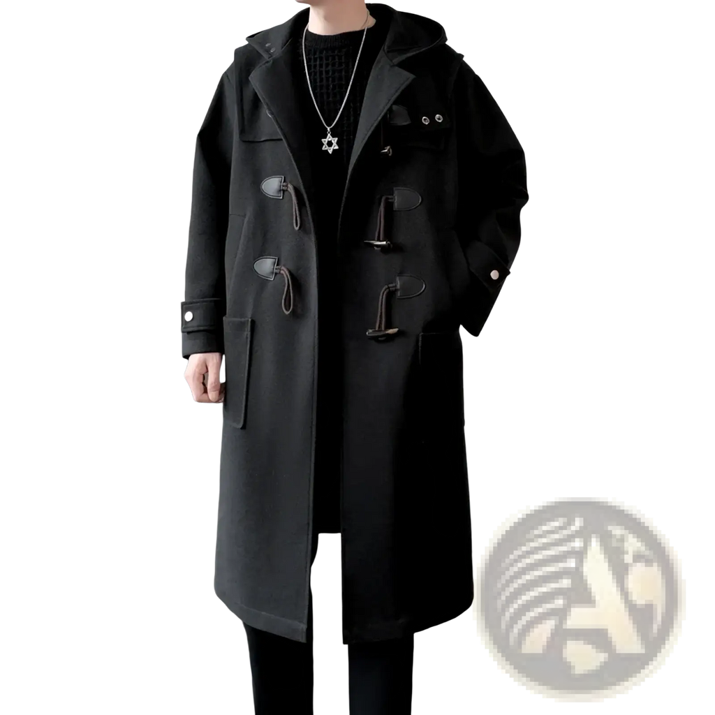 Black woolen duffle coat for men with toggle closures and hood designed as a warm winter jacket