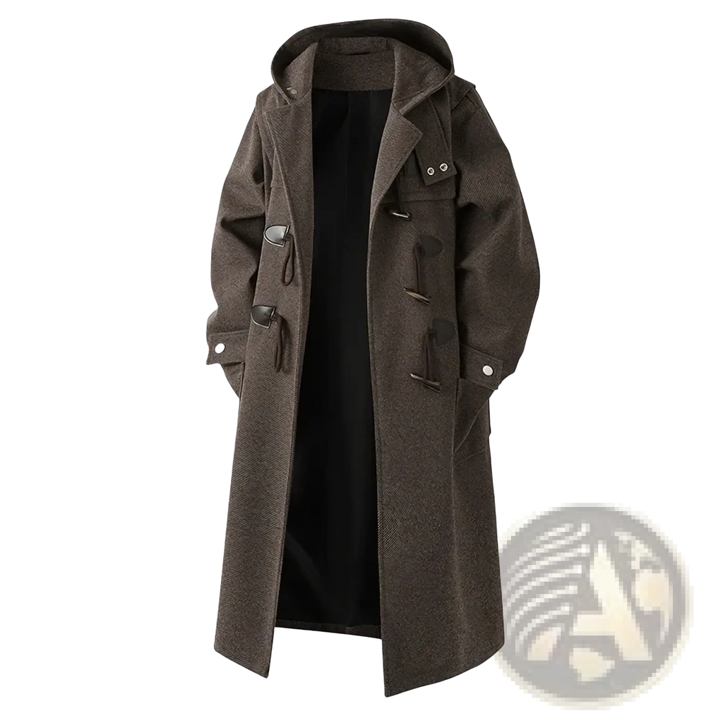 Men wool duffle coat hooded warm winter jacket in dark brown textured wool with toggle closures