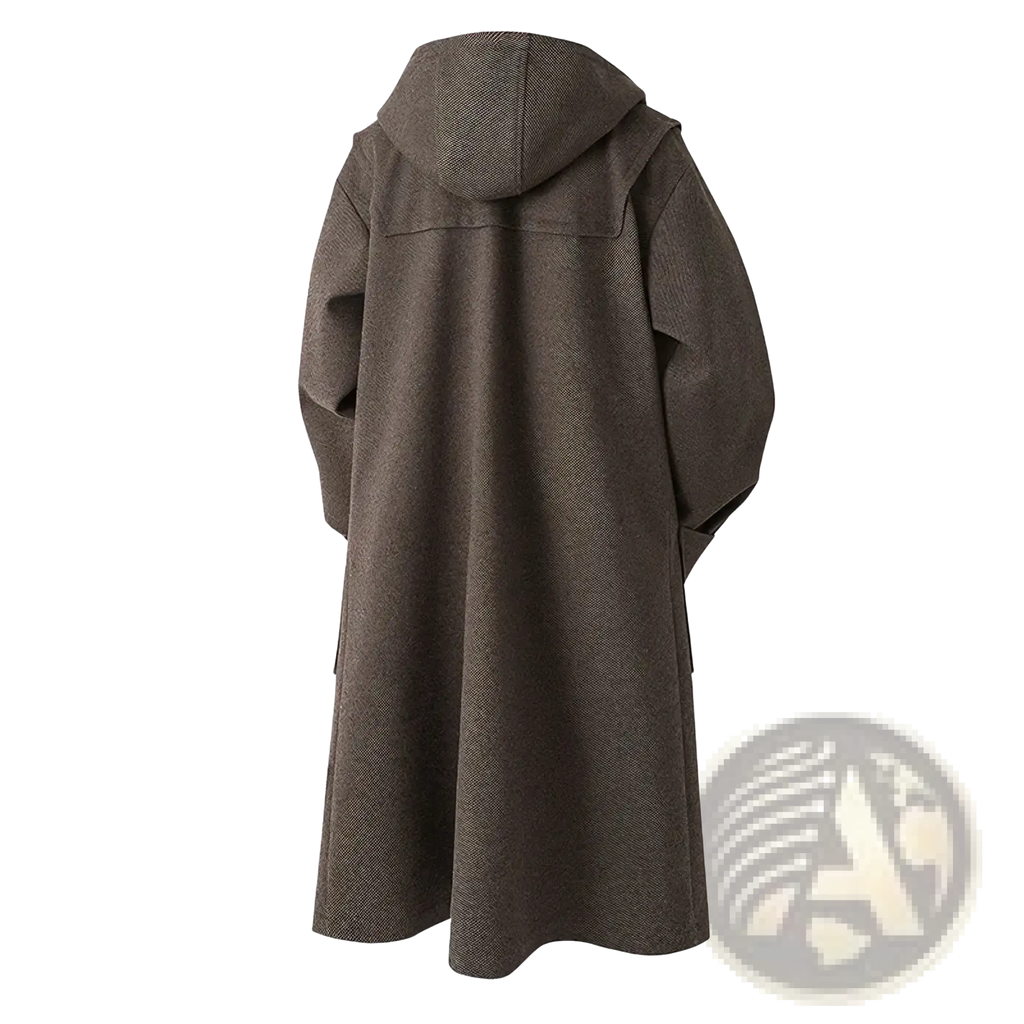 Men wool duffle coat hooded warm winter jacket in dark brown textured wool with relaxed fit and subtle herringbone weave