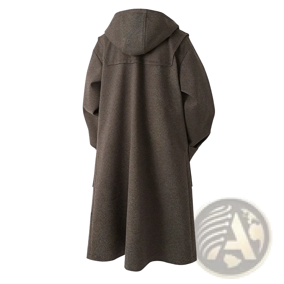 Men wool duffle coat hooded warm winter jacket in dark brown textured wool with relaxed fit and subtle herringbone weave