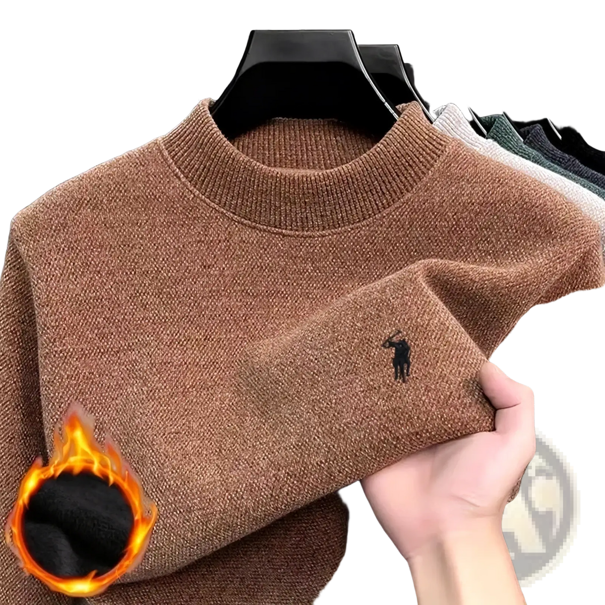 Men wool embroidered winter sweater in brown knit with ribbed crew neck and black polo player logo on chest
