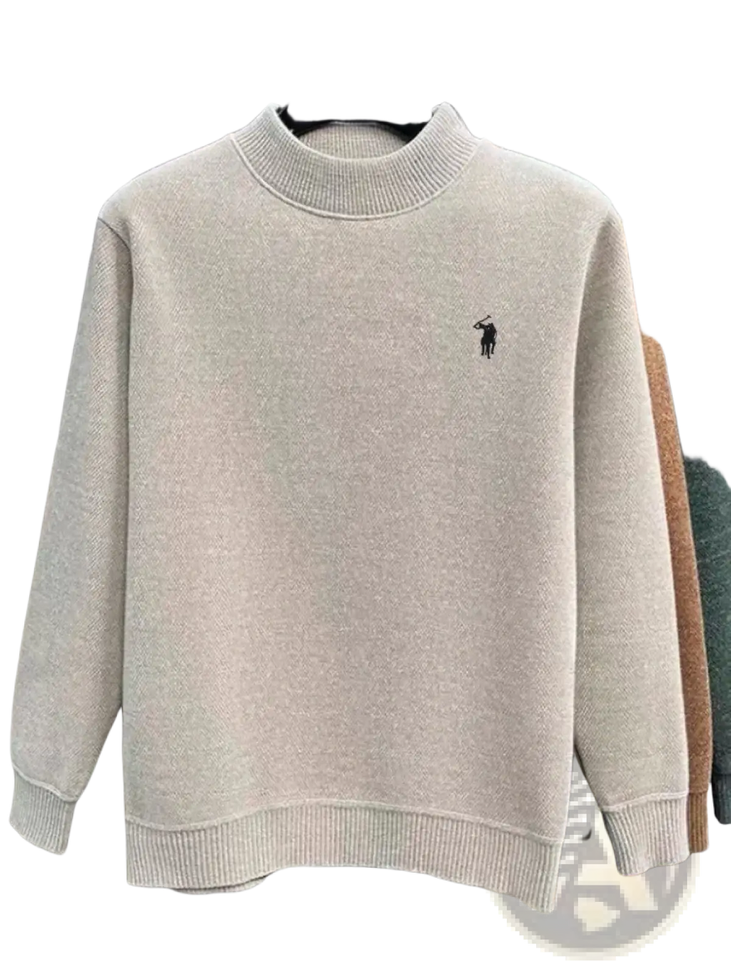 Beige wool knit crewneck sweatshirt with small black embroidered polo player logo for men winter sweater