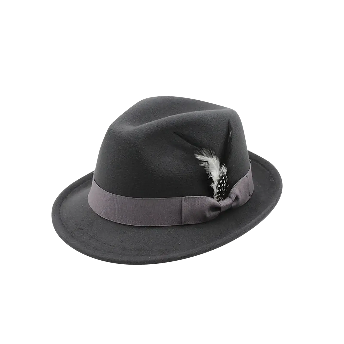 Black wool fedora hat with matching ribbon band and white feather accent for winter jazz style
