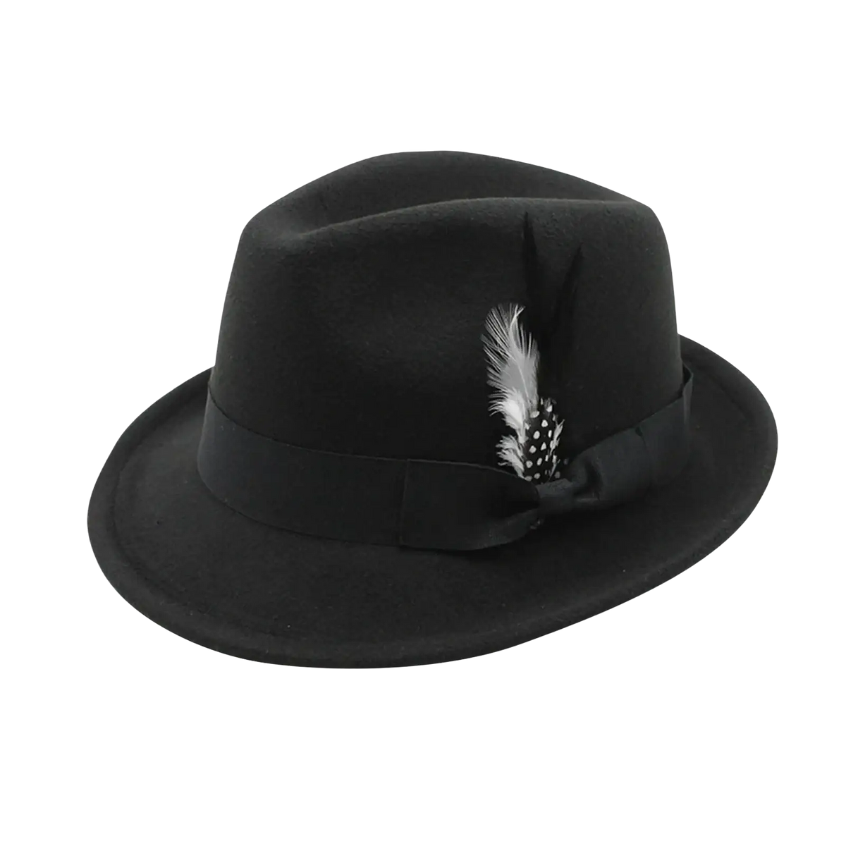 Black wool fedora hat with black satin band and white feather accent ideal for winter jazz style