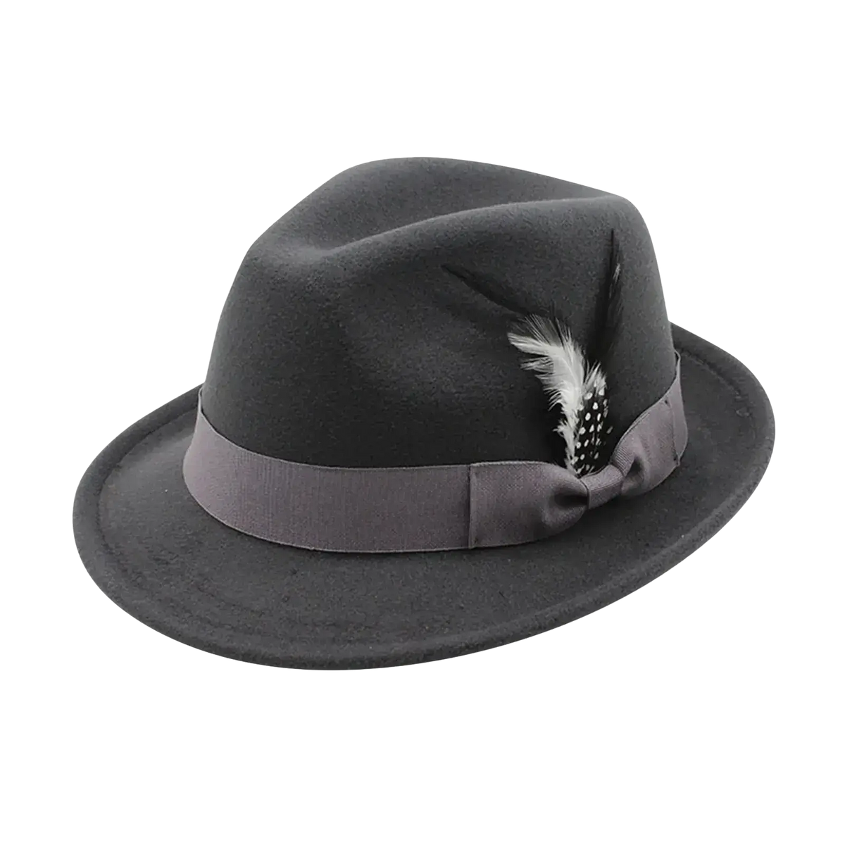 Black wool fedora hat with gray satin band and white feather accent suitable for winter jazz style