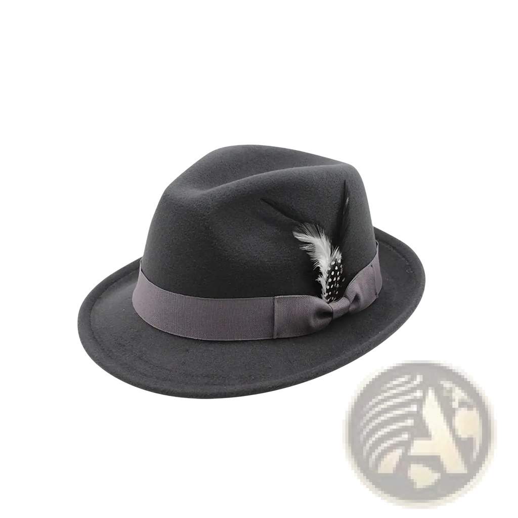 Black wool fedora hat with gray satin ribbon band and feather accent suitable for winter and jazz styles