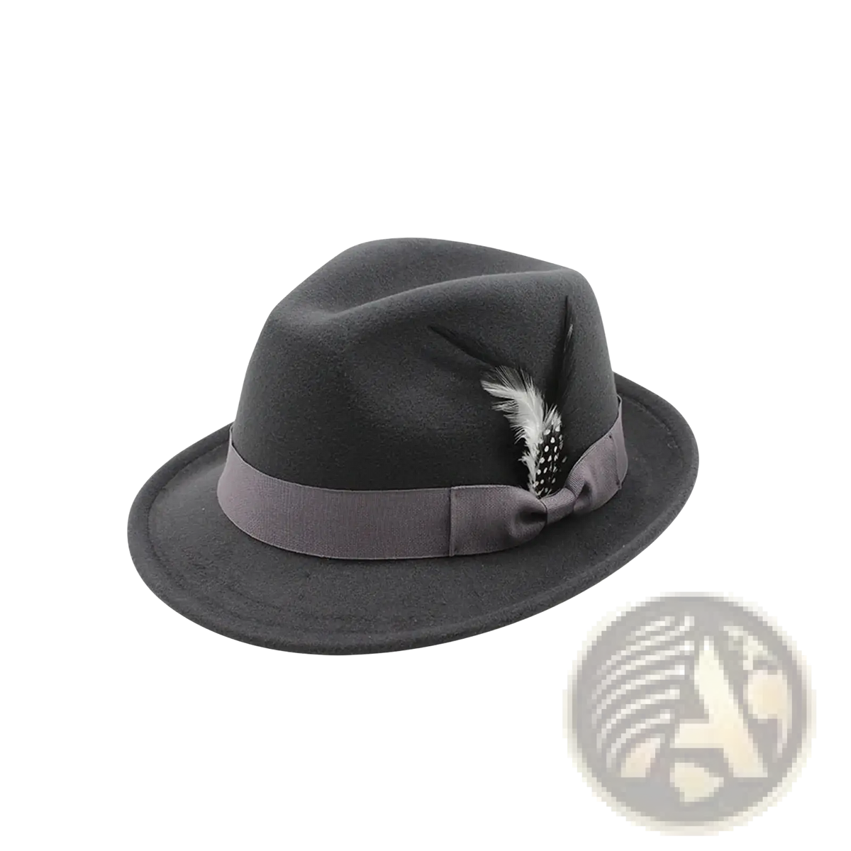 Black wool fedora hat with gray satin ribbon band and feather accent suitable for winter and jazz styles